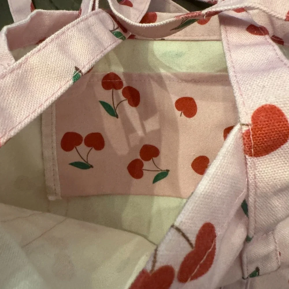 Pink & Cherry Print‎ Canvas Tote Bag with Handles & Adjustable Strap Book Bag
